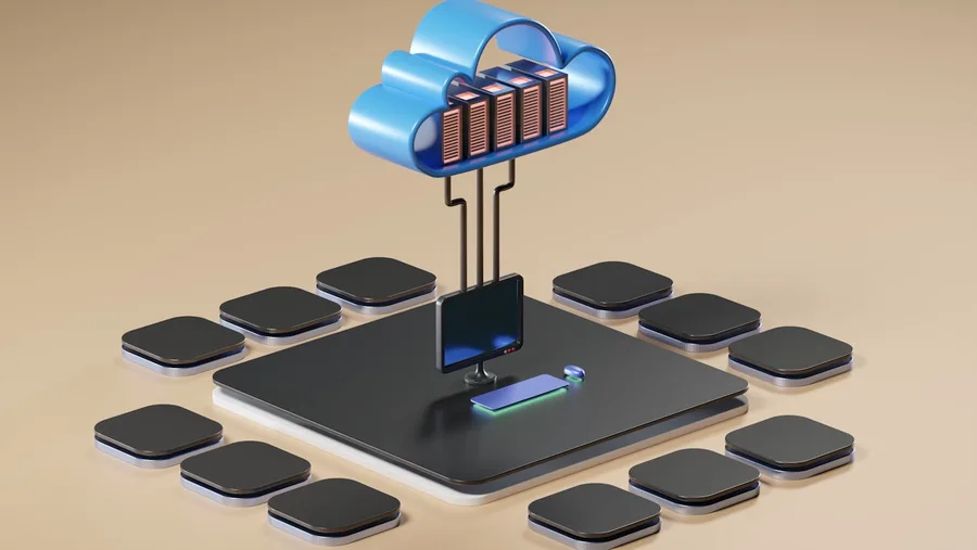 3D illustration of cloud computing infrastructure connecting devices